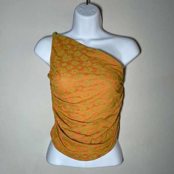NWT Zara Asymmetric Jacquard Off the Shoulder Orange Green Floral Crop Top SZ L - Picture 5 of 11